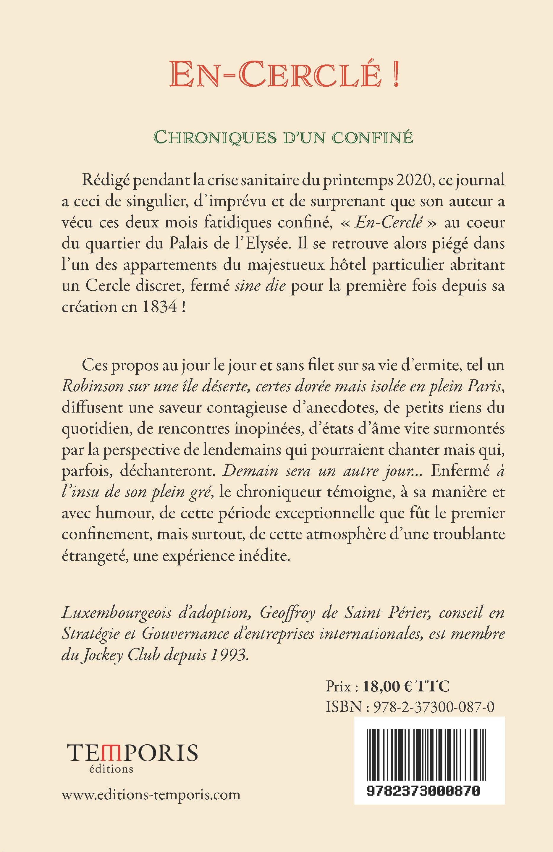 4e de couverture du livre En-Cerclé ! de Geoffroy de Saint Périer, Editions Temporis