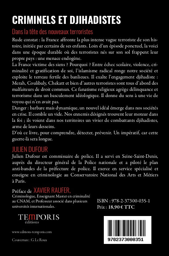 4e de couverture Criminiels et djihadistes de Julien Dufour, Editions Temporis