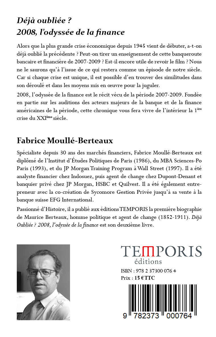 4e de couverture du livre déjà oubliée ? de Fabrice Moullé-Berteaux, Editions Temporis