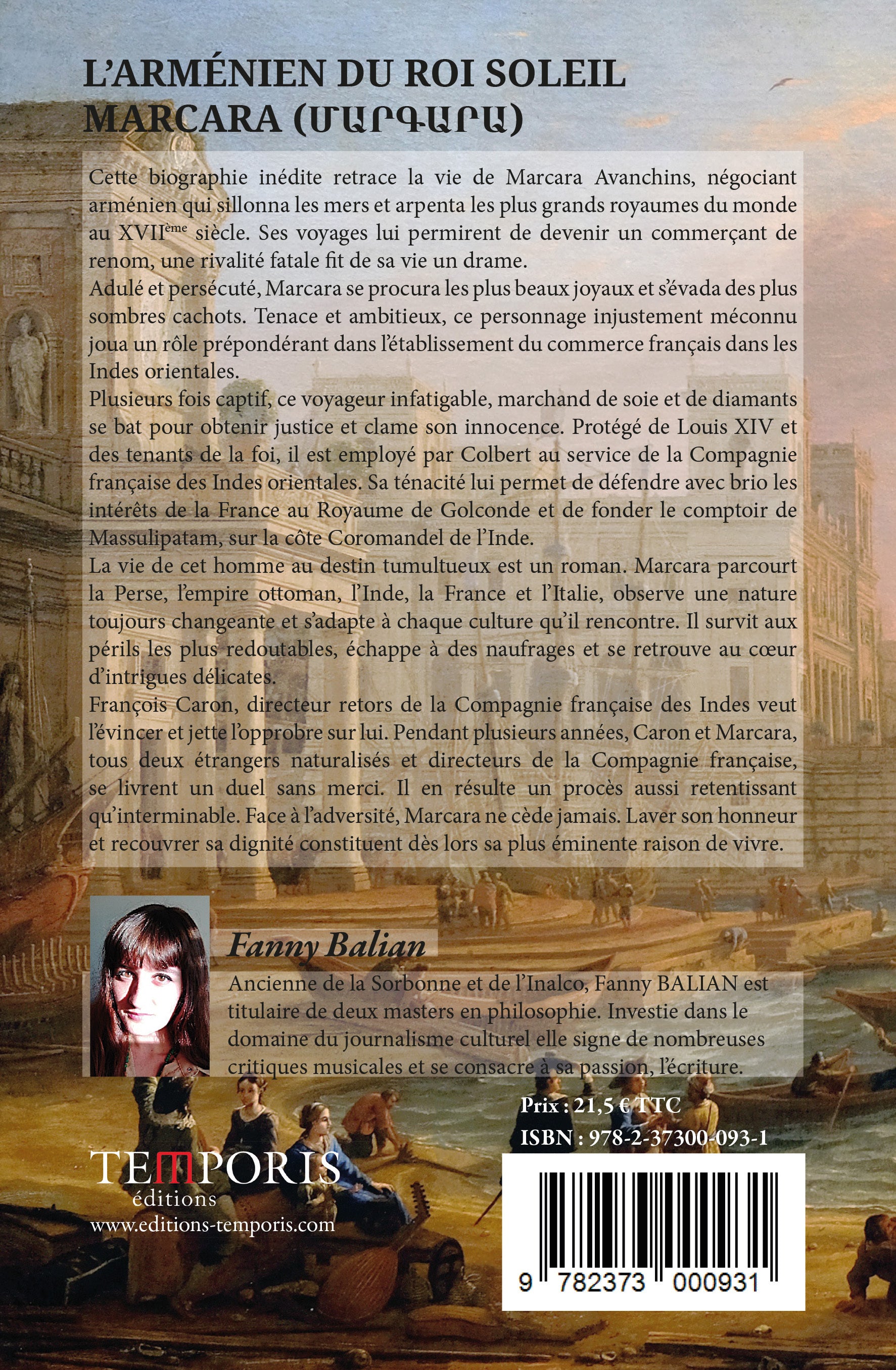 4e de couverture du livre l'Arménien du Roi Soleil de Fanny Balian, Éditions Temporis