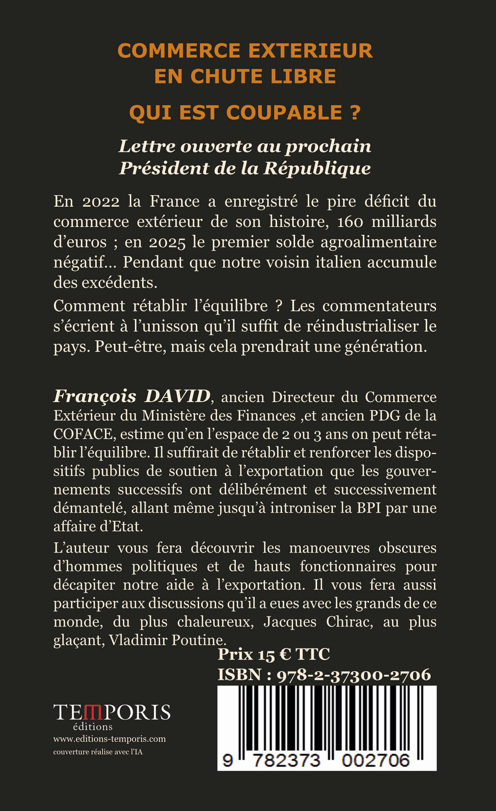 4e de couverture du livre commerce exterieur en chutre libre de François David, Éditions Temporis