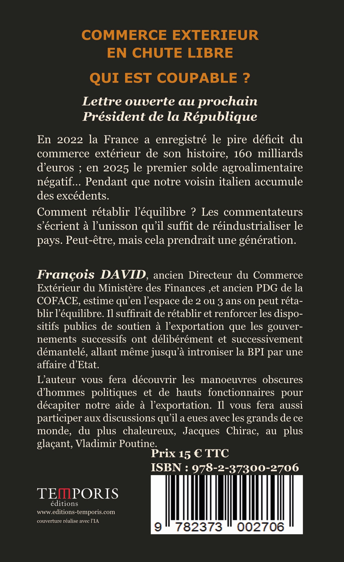 4e de couverture du livre commerce exterieur en chutre libre de François David, Éditions Temporis