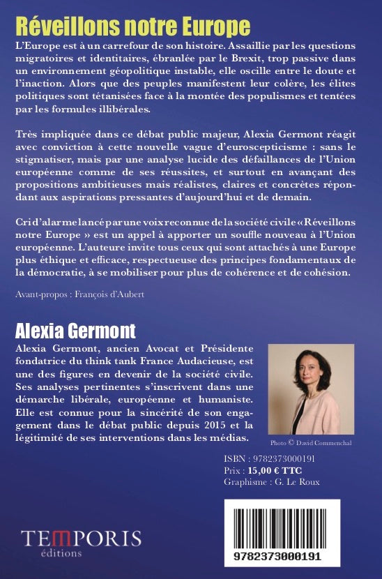4e de  couverture du livre Réveillons notre Europe d'Alexia Germont, Editions Temporis