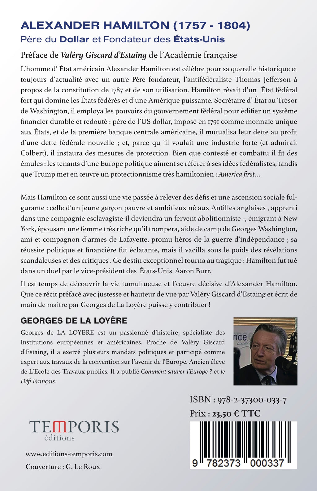 4e de -couverture du livre Alexander Hamilton de Georges de la Loyère, Éditions Temporis