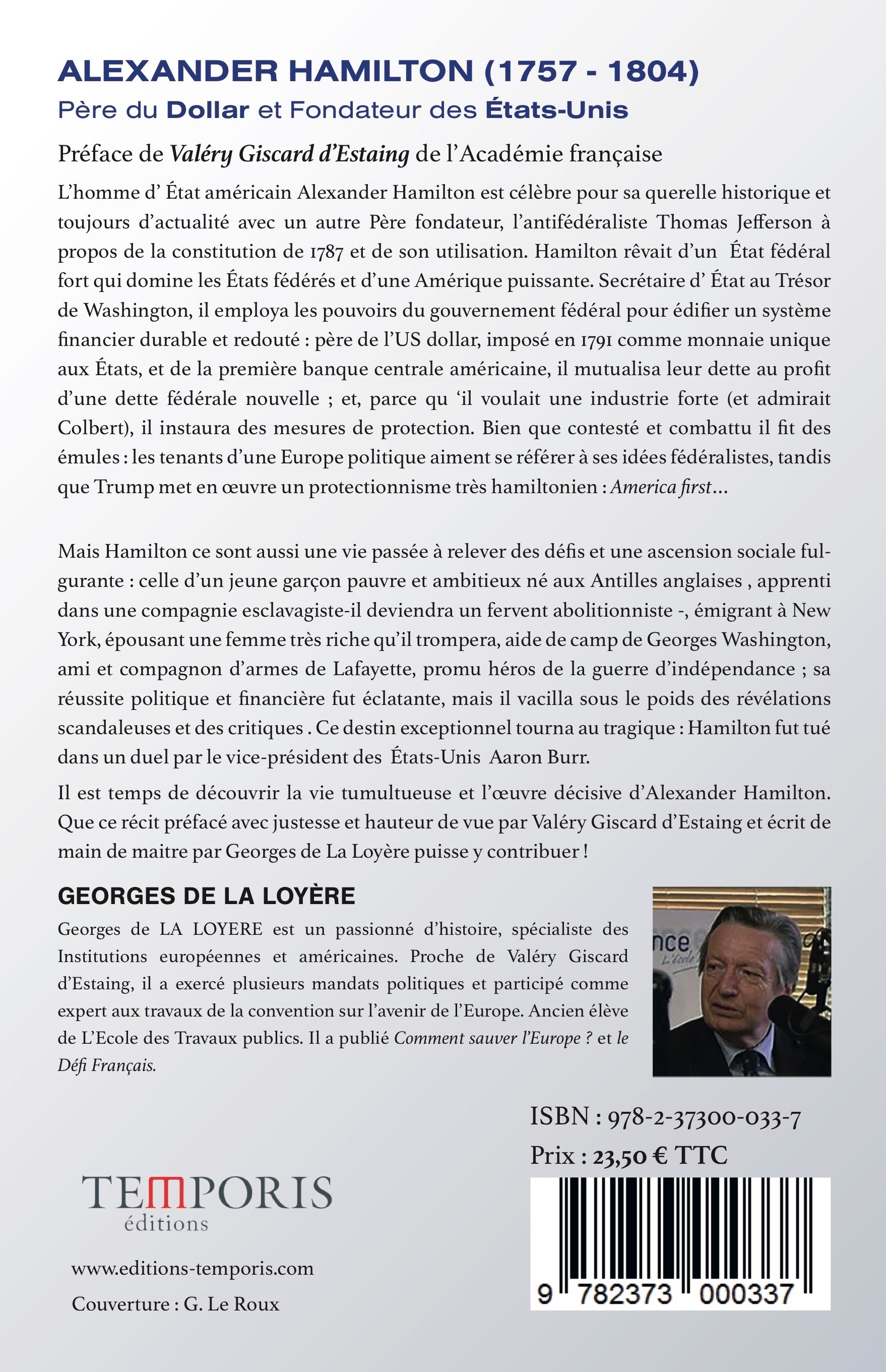 4e de -couverture du livre Alexander Hamilton de Georges de la Loyère, Éditions Temporis