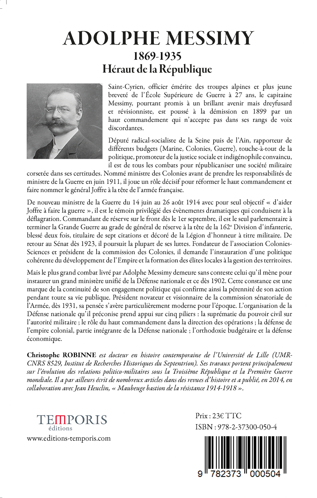 4e de couverture du livre Adolphe Messimy de Christophe Robinne, Editions Temporis