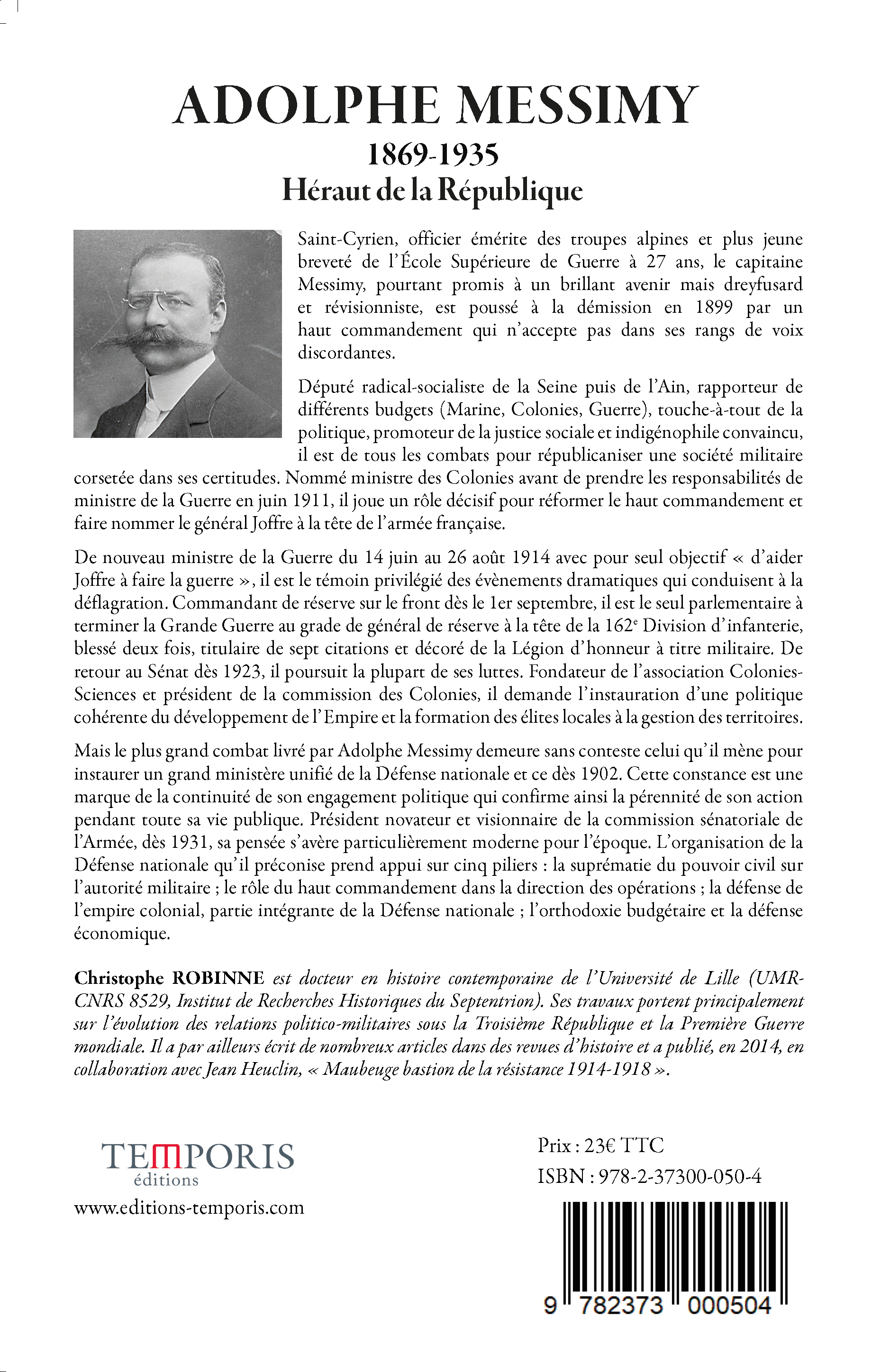 4e de couverture du livre Adolphe Messimy de Christophe Robinne, Editions Temporis