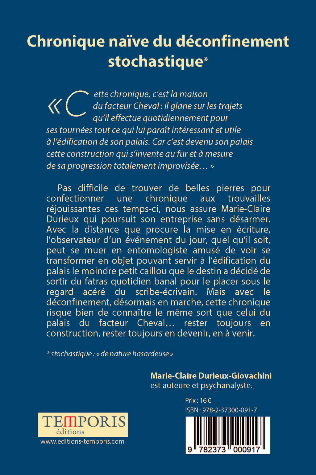 4e de couverture du livre Chronique naïve du déconfinement stochastique de Marie-Claire Durieux-Giovachini