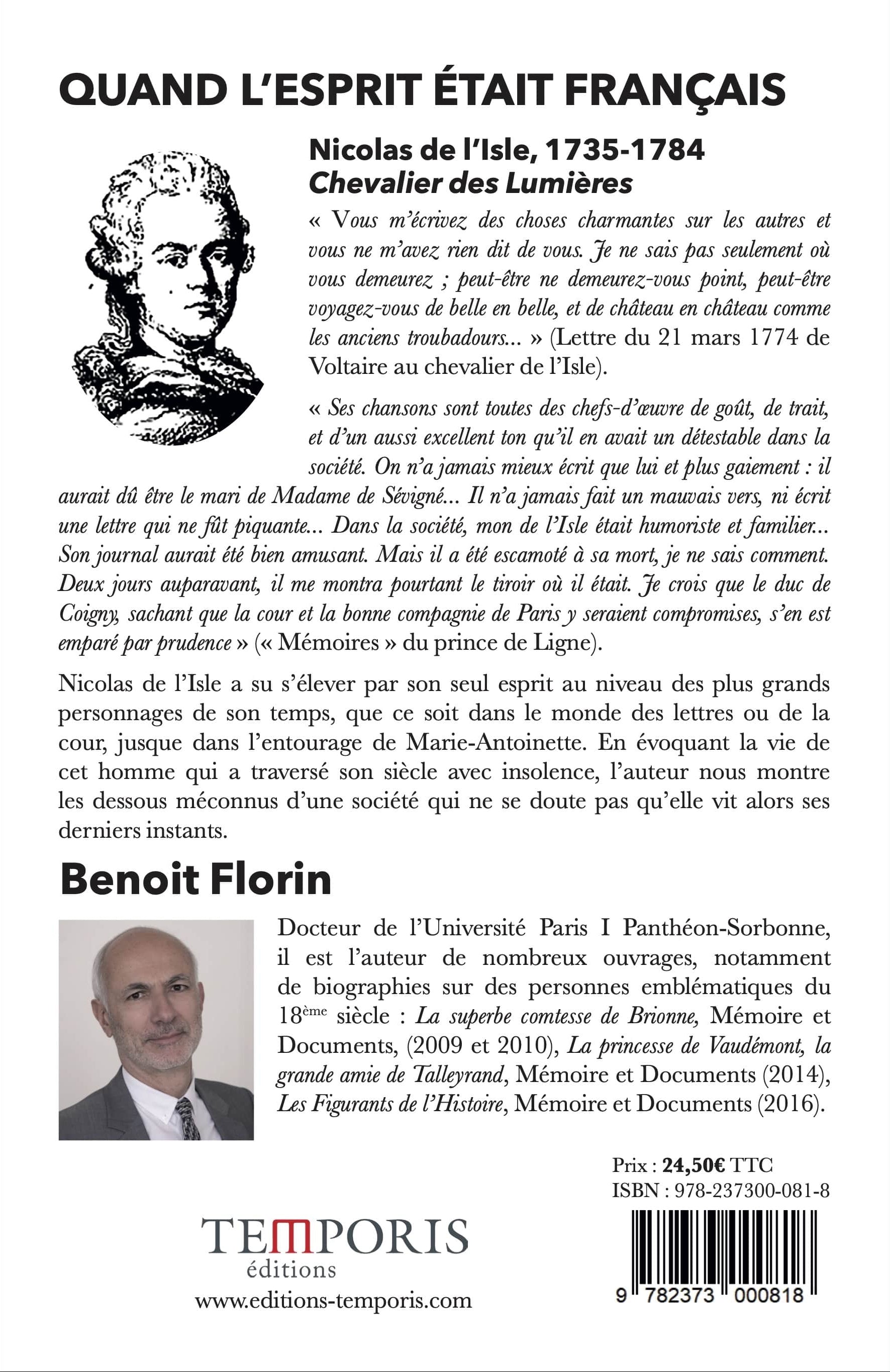 4e de couverture du livre quand l'esprit était français, de Benoit lorin, editions Temporis