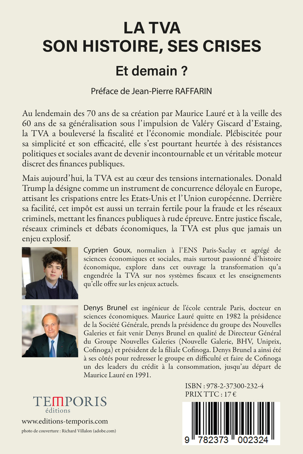 Couverture du livre la tva son histoire, ses crises de Mr Goux et Mr Brunel, Éditions Temporis