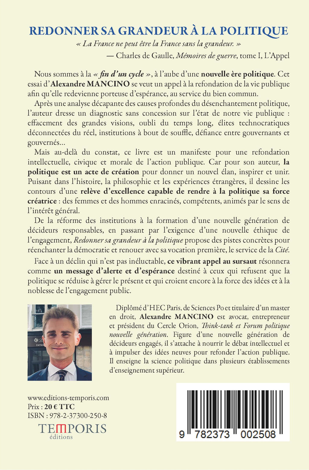 4e de Couverture du livre redonner sa grandeur à la politique d'Alexandre Mancino, Éditions Temporis