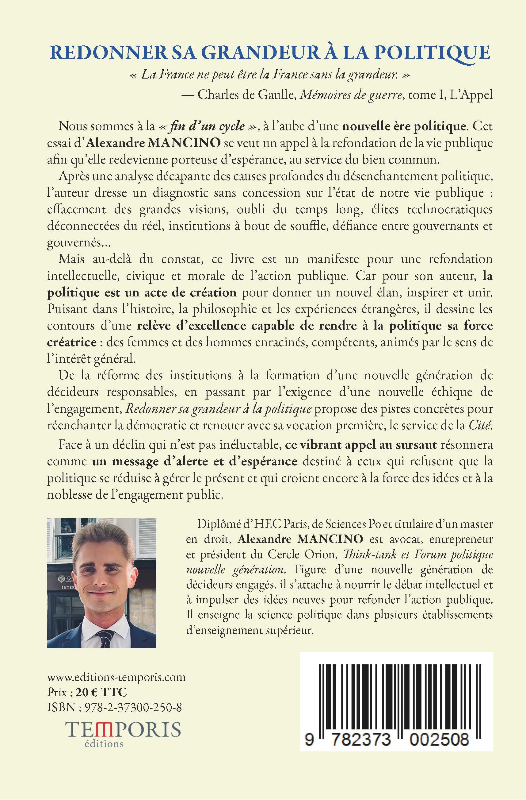 4e de Couverture du livre redonner sa grandeur à la politique d'Alexandre Mancino, Éditions Temporis