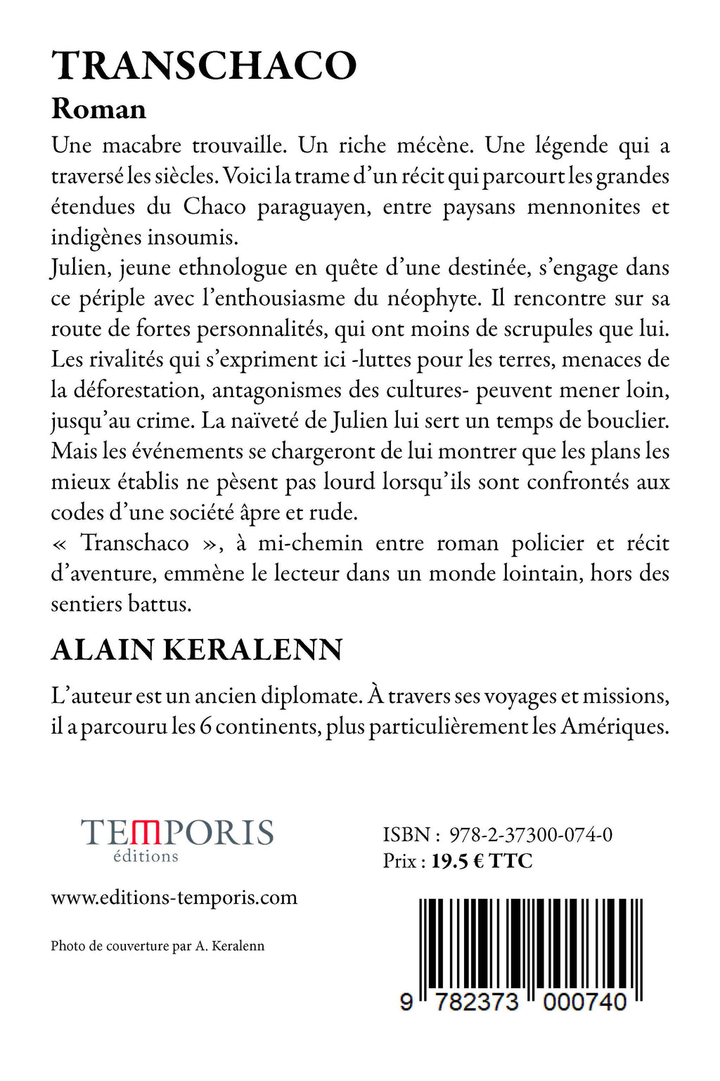 4e de couverture du livre Transchaco d'Alain Keralenn, Editions Temporis