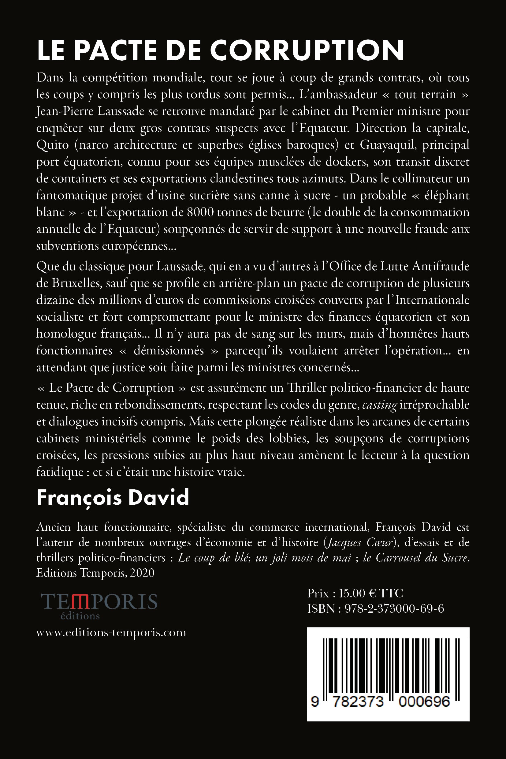 4e de couverture du livre le pacte de corruption de François David, Éditions Temporis
