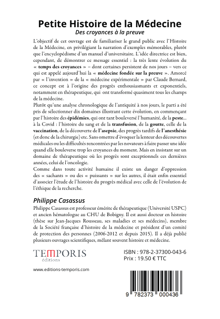 4e de couverture du livre Petite histoire de la médecine de Philippe Casassus, Editions Temporis
